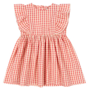 The Konges Slojd Girls' Kim Frill Dress in pink and white seersucker features frill sleeves and a gathered skirt, shown laid flat on a white background.