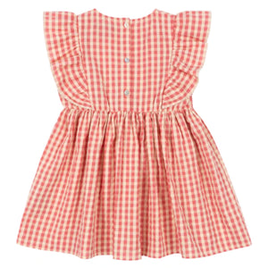 The Konges Slojd Girls' Kim Frill Dress is a pink and white seersucker dress featuring frill sleeves and three buttons down the back, shown on a white background.
