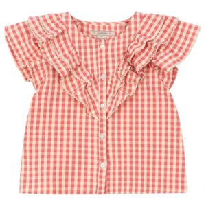 The Girls' Kim Frill Shirt by Konges Slojd features red and white gingham seersucker, ruffled frills on the front and sleeves, a round neckline, and button-down closure.