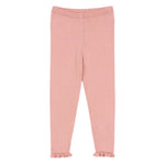 The Konges Slojd Baby Girls' and Girls' Cypres Pants feature light pink knit fabric with a subtle zigzag pattern and delicate frills at the hems, shown against a plain white background.
