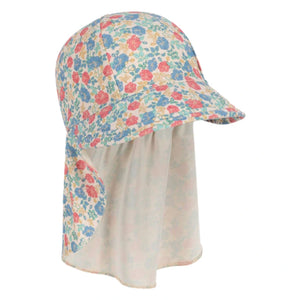 The Konges Slojd Baby Girls and Girls Manuca Frill Sun Hat features a floral pattern, neck flap, and front face cover to protect against UV rays.