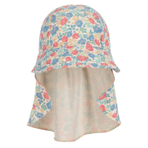 The Konges Slojd Baby Girls and Girls Manuca Frill Sun Hat features a wide brim, neck flap, UPF 50+ sun protection, and a floral pattern with blue, pink, and orange flowers on a light background.