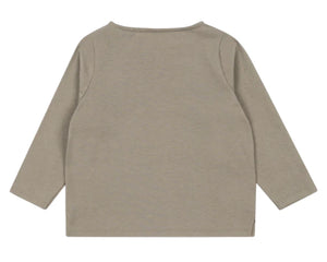 The Konges Slojd Baby Boys' and Boys' Drey Tee is a soft organic cotton, long-sleeved taupe shirt shown laid flat with the back up—perfect as an everyday kids’ basic.