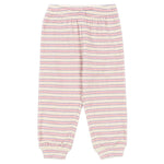 The Konges Slojd Baby Girls' and Girls' Itty Sweat Pants are soft sweatpants with an elastic waistband and cuffs, featuring horizontal pastel pink and purple stripes on a light background.
