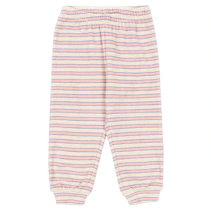 The Konges Slojd Baby Girls' and Girls' Itty Sweat Pants are soft sweatpants with an elastic waistband and cuffs, featuring horizontal pastel pink and purple stripes on a light background.