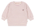 Konges Slojd Baby Girls' and Girls' Itty Sweat Shirt: relaxed fit, long sleeves, dropped shoulders, pink, purple, and cream stripes with a cherry embroidery on the left chest.