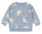 The Konges Slojd Baby Boys' and Boys' Lapis Knit Sweater features a relaxed fit in light blue, white dinosaur silhouettes all over, and broad ribbed hems for style and comfort.