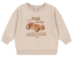 The Konges Slojd Baby Boys' and Boys' Lou Sweat Shirt is made from organic cotton, featuring ribbed cuffs and a vintage race car print with the text "Fuel for the fast lane.