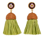 The Lizzie Fortunato Raffia Earrings boast gold-plated, round multicolored studs and brown woven tops complemented by light green tassels, ideal for a jet-setter with summer flair.