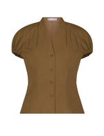 Front view of the Lela Rose Button Front V Neck Blouse in olive green cotton poplin, featuring gathered dolman cap sleeves.