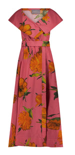 Lela Rose's Asymmetrical Cuff Dress is a sleeveless pink maxi with orange floral print, a capelet-inspired V-neckline, and a matching belt to define the waist.