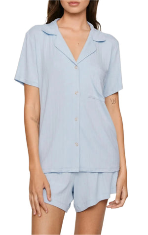 A person wearing the Eberjey Gisele Rib Relaxed Short PJ Set—a light blue short-sleeve button-down top with matching elastic-waist shorts—stands against a white background.