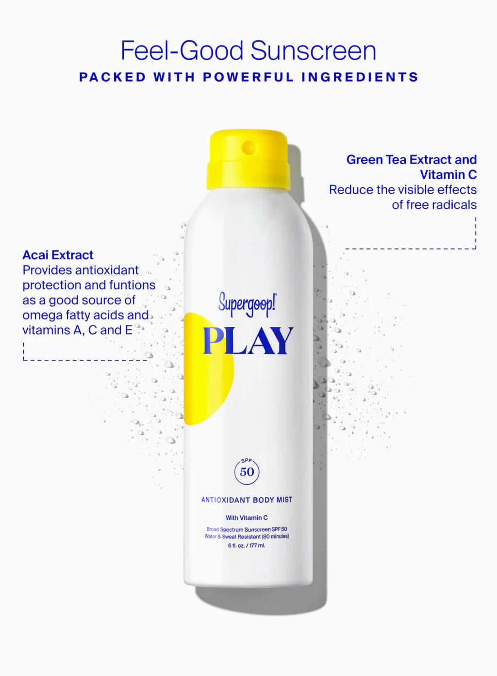 A can of Supergoop Play Antioxidant Mist SPF 50 with Vitamin C, 3 fl oz, is shown; this sunscreen spray offers vitamin C for glowing skin and water-resistant protection.