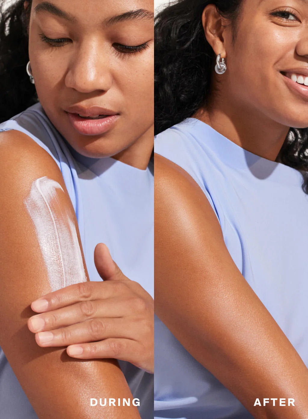 Split image: Left ("DURING") shows a woman applying Supergoop Play Everyday Lotion SPF 50 with Sunflower Extract, 5.5 fl oz; right ("AFTER") shows her arm smooth and moisturized.
