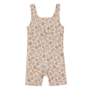 The Girls' Malibu Bodysuit by Rylee & Cru is a sleeveless one-piece with a square neckline and a wildflower print in beige, brown, and pink.