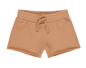 Rylee & Cru Girls' Sweat Shorts in tan soft French terry with a drawstring and elastic waistband, shown on a white background.