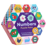 The Eeboo Numbers Hexagon Puzzle Pairs is a hexagon-shaped puzzle box with animal illustrations and numbers, designed for ages 3+ to teach counting and simple math skills.