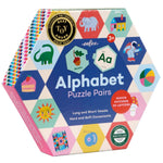 Eeboo’s Alphabet Hexagon Pairing Puzzles, for ages 3+, features colorful letter illustrations in a hexagonal box and displays a Best Toy Award badge—an engaging way to build pre-literacy skills through alphabet puzzle play.