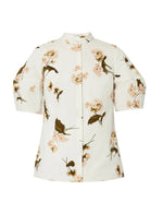 The Erdem Short Puff Sleeve Top features a mandarin collar, puffed sleeves, and a pink and brown floral print on soft cotton poplin.