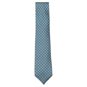 The Robert Jensen Peacock Motif Tie features a hand-stitched blue silk design with repeating light blue and yellow patterns, displayed against a white background.