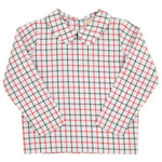 The Beaufort Bonnet Company Baby Boys' Peter Pan Collar Shirt features long sleeves and an Old Town Tattersall red, black, and white check pattern, shown on a plain background.