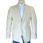 The Samuelsohn Bennet Contemporary Fit Blazer in cream, featuring notch lapels and hand-tailored craftsmanship, is displayed on a mannequin over a white dress shirt with blue jeans.