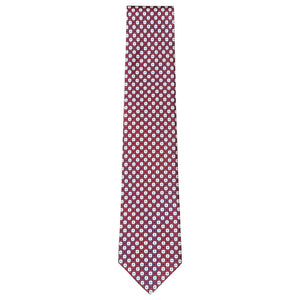 A red Robert Jensen Maltese Cross Tie, hand-stitched in Italy, features a repeating pattern of white, blue, and black circular shapes.