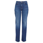 Mother’s Lil Kick It jeans are classic blue high-rise straight leg jeans crafted from recycled stretch denim, featuring a high waist, front and back pockets, and a button-zip closure.