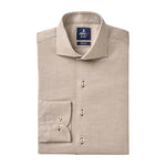 A beige Johnnie-O Augustin Buttondown shirt, neatly folded, features a premium herringbone cotton finish, classic collar, and single cuff with three buttons.