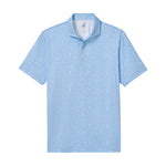 Light blue short-sleeve Wine Mixer Polo by Johnnie-O, featuring a subtle white geometric pattern, button-up collar, and straight hemline. Offers UPF 50 sun protection for comfort all day. Laid flat on a white background.