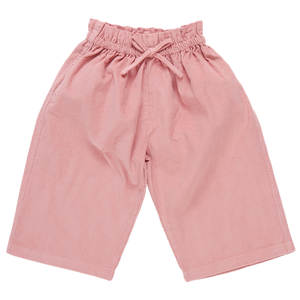 Pink Chicken's Girls' Theodore Pant is a perfect Fall piece, made from pink fine corduroy and featuring an elastic waistband with a matching drawstring, shown flat against a white background.