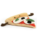 The Jellycat Amuseables Slice of Pizza is a plush toy shaped like a pizza slice, featuring a smiling face, playful toppings, and outstretched arms.