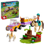 The LEGO® Friends Horse and Pony Trailer set includes two mini-dolls, horses, a vibrant purple and yellow car with a trailer, and a scenic green area complete with a log. The box is shown in the background.