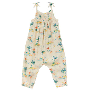 The Baby Girls' Fiodorka Jumpsuit by Arsene & Les Pipelettes features shoulder ties, a tropical palm and sunbather print on a light background, and two stylish pockets for infants.