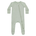 Quincy Mae Baby Boys' Bamboo Zip Footie in light green features long sleeves, a grid pattern, and a diagonal zipper from neck to left ankle.