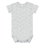 The Quincy Mae Baby Bamboo Short Sleeve Bodysuit in light grey features a celestial star print and has handy snap buttons at the shoulder and bottom for easy dressing.