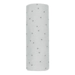 The Quincy Mae Baby Bamboo Swaddle features soft bamboo fabric adorned with evenly spaced small gray stars, creating a cozy and comfortable wrap for your baby.