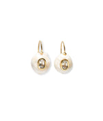 The Pearl Pablo Earrings by Lizzie Fortunato are gold-plated sterling silver hook earrings with irregular freshwater pearls, each featuring a round clear gemstone at the center.