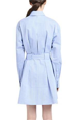 Rear view of a person in the Proenza Schouler Viola Dress, a knee-length blue and white striped cotton-silk poplin with long sleeves, collared design, and cinched at the waist with a matching D-ring fabric belt.