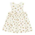 The Rylee & Cru Baby Girls' and Girls' Layla Dress is a sleeveless cream cotton jersey dress with a gathered skirt, featuring an all-over yellow and brown fruit print.