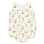 The Rylee & Cru Baby Girls' Bubble Onesie is a sleeveless, soft cotton jersey in white, adorned with a mermaids, seashells, and starfish print in pastel shades.