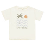 The Rylee & Cru Baby Boys' and Boys' Raw Edge Tee is a cream cotton slub t-shirt featuring a palm tree, wavy lines, an orange sun, and "SANTORINI" printed on the front.