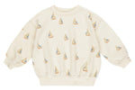 The Rylee & Cru Baby Boys' and Boys' Sweatshirt is a beige loose-fit pullover with long sleeves, featuring an all-over sailboats print in muted blue, yellow, and beige tones.
