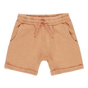 Rylee & Cru Baby Boys' and Boys' Relaxed Short in light brown, featuring a drawstring elastic waistband, side pockets, and rolled-up hems, shown on a white background.