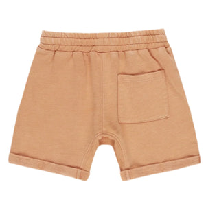 Rylee & Cru Baby Boys' and Boys' Relaxed Short in light brown for toddlers, featuring an elastic waistband and back pocket, shown on a white background.