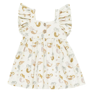 The Rylee & Cru Baby Girls' and Girls' Mariposa Dress is sleeveless, with butterfly sleeves and a charming pastel mermaid and starfish print on white.