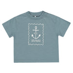 The Baby Boys' and Boys' Relaxed Tee by Rylee & Cru is a blue soft cotton jersey with a white anchor spot print and "R" and "C" letters on the chest.