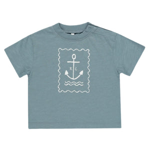 The Baby Boys' and Boys' Relaxed Tee by Rylee & Cru is a blue soft cotton jersey with a white anchor spot print and "R" and "C" letters on the chest.