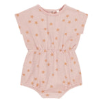 The Baby Girls' Kai Romper by Rylee & Cru features a light pink spongy knit, short sleeves, elastic waist, round neckline, starfish print, and snap buttons at the bottom.