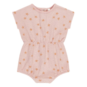 The Baby Girls' Kai Romper by Rylee & Cru features a light pink spongy knit, short sleeves, elastic waist, round neckline, starfish print, and snap buttons at the bottom.